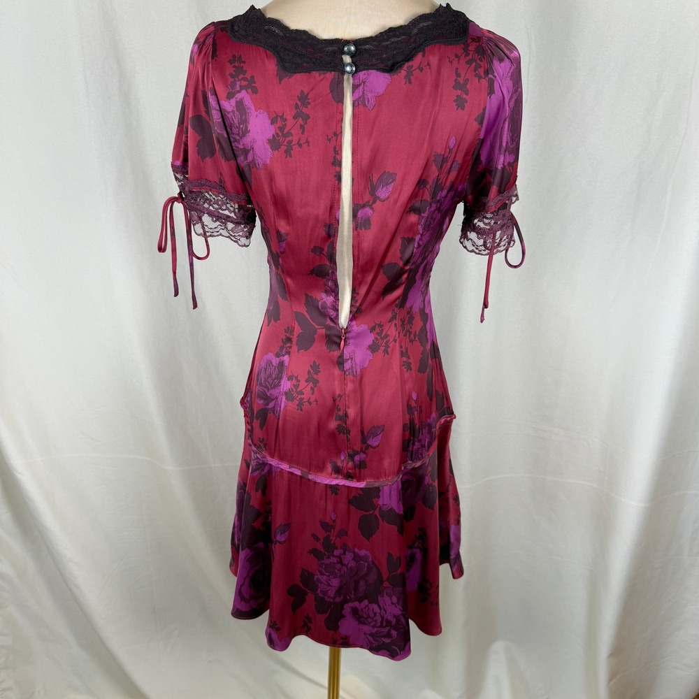 Free People Jos Printed Satin Mini Dress Berry Combo Drop Waist Lace Sz XS EUC - Picture 7 of 12